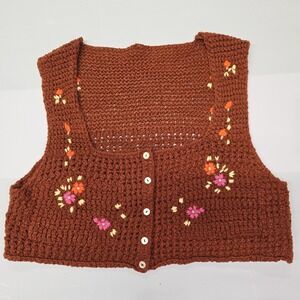 Brown Embroidered Crochet Knit Button Vest Women's Bohemian Square Neck Small‎